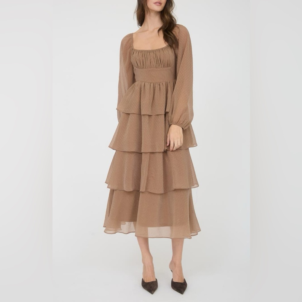 Nordstrom Tiered Long Sleeve Midi Dress in Taupe